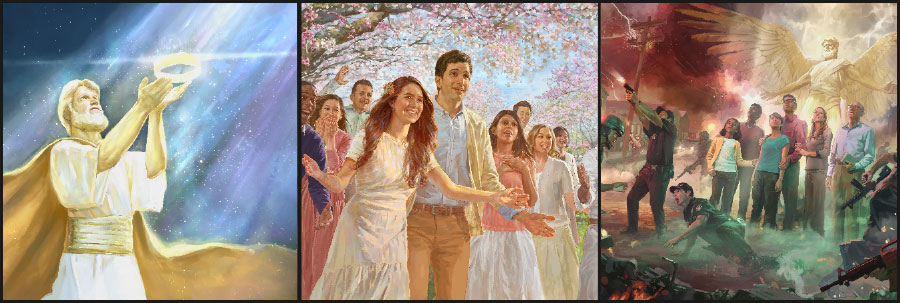 فرشتگان به هنگام مصيبت عظيم از قوم يَهُوَه محافظت می‌كنند؛‏ مردم در بهشت زمينی؛‏ عيسی تاج خود را از سرش برمی‌دارد و حكمرانی را به يَهُوَه خدا واگذار می‌كند