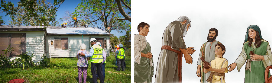 خانواده‌ای در ايّام باستان در حال اهدای اعانه؛‏ اعضای گروه امدادرسانی در حال تعمير خانهٔ يكی از خواهران