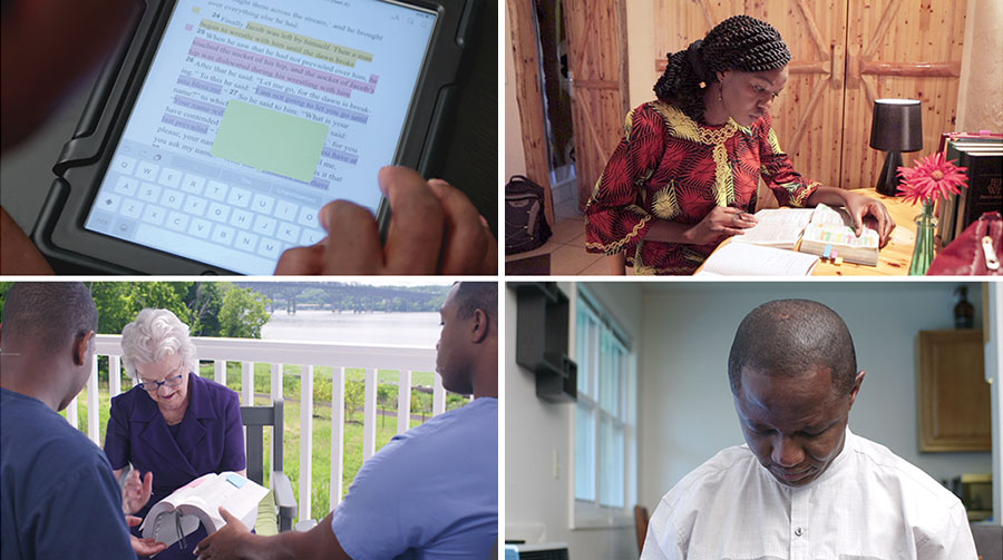 خواهری عميقاً در كتاب مقدّس كندوكاو می‌كند؛‏ برادری يک آيه را رنگ می‌كند؛‏ يک خواهر يادداشت‌هايی را كه در كتاب مقدّس خود دارد به دو مرد نشان می‌دهد؛‏ برادری دعا می‌كند