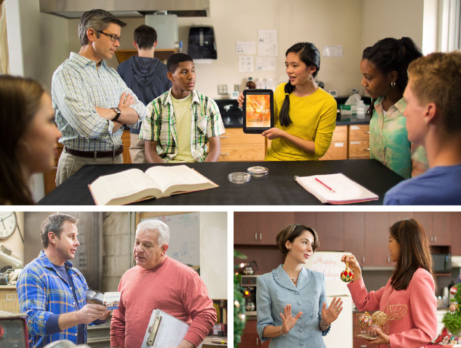 خواهری جوان در حال نشان دادن بروشوری در تبلت خود به همكلاسی‌های خود؛‏ خواهری از تزيين درخت كريسمس در محل كارش امتناع می‌ورزد؛‏ برادری در حال موعظه به همكارانش