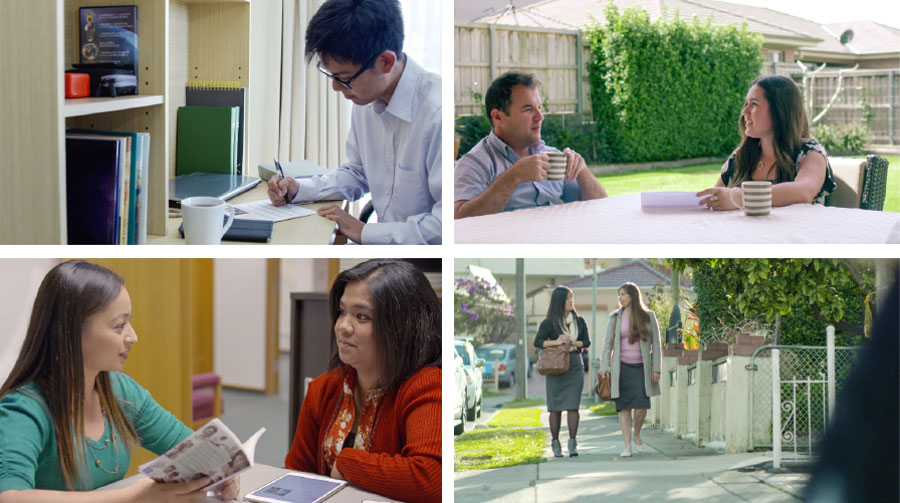 خواهری جوان در حال گفتگو با پدرش در مورد خدمت پيشگامی؛‏ برادری جوان در حال برنامه‌ريزی؛‏ خواهر پيشگام در حال موعظه با خواهری ديگر؛‏ خواهری پيشگام در حال ادارهٔ مطالعهٔ كتاب مقدّس