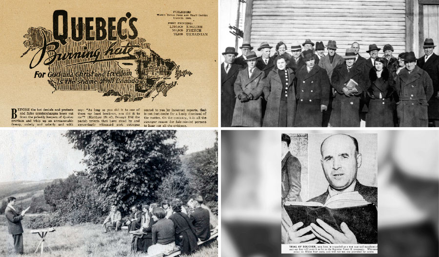 شاهدان يَهُوَه در كِبِک در دههٔ ۱۹۴۰؛‏ تراكتی ويژه؛‏ برادری با وجود ممنوعيت در حال اجرای سخنرانی،‏ برادر اِيمی بوشه 