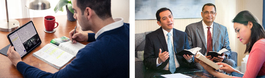 دو برادر در حال پند دادن به يک خواهر؛‏ برادری در حال مطالعهٔ شخصی در مورد دركی جديد از كتاب مقدّس