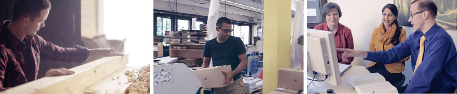 سه نفر در بيت‌ئيل روی پروژه‌ای كار می‌كنند؛‏ برادری در حال بسته‌بندی نشريات،‏ برادری در حال نجّاری در بيت‌ئيل