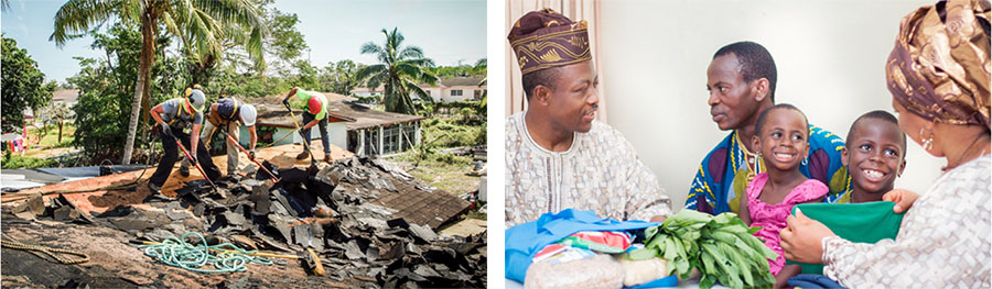 زوجی برای يک پدر و دو فرزندش غذا و لباس آورده‌اند.‏ شاهدان يَهُوَه پس از يک بلای طبيعی سقف خانه‌ای را تعمير می‌كنند 