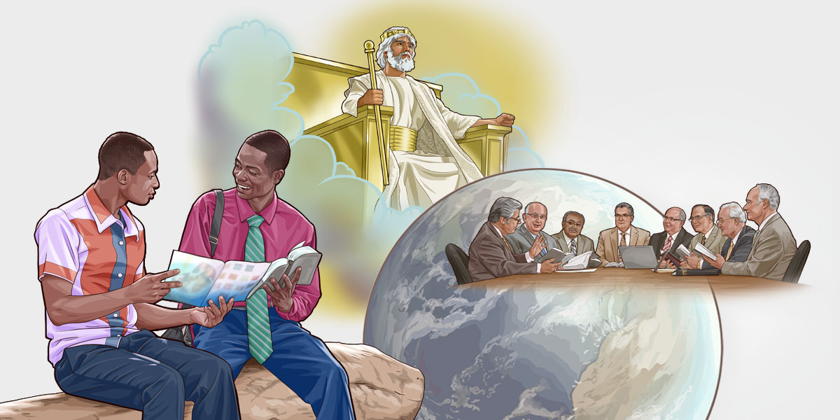 تصاوير:‏ ۱)‏ عيسی مسيح در حال حكمرانی بر زمين.‏ ۲)‏ غلام و امين دانا در حال تهيهٔ غذای روحانی.‏ ۳)‏ برادری در حال موعظه