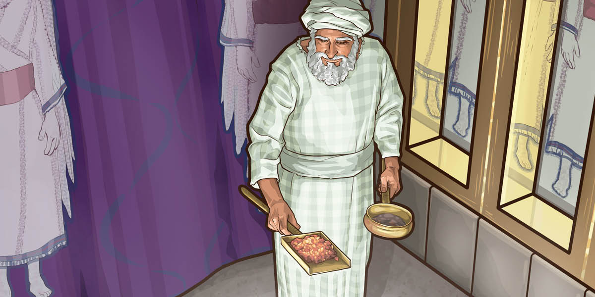 كاهن اعظم با مقداری بخور و زغال افروخته به قدس‌القدس وارد می‌شود