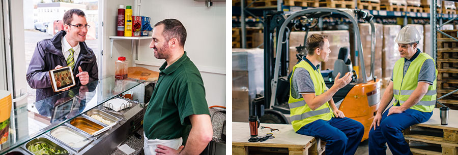 تصاوير:‏ ۱)‏ برادری در حال موعظه به همكارش در محل كارش ۲)‏ برادری در حال نشان دادن ويديو به آشپز رستوران