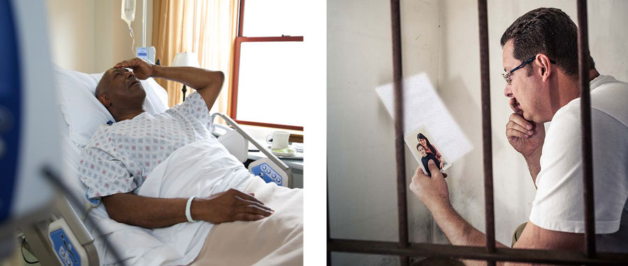 كولاژ:‏ ۱)‏ برادری در زندان در حال خواندن نامه‌ای از طرف خانواده‌اش.‏ ۲)‏ برادری كه در بيمارستان بستری شده.‏