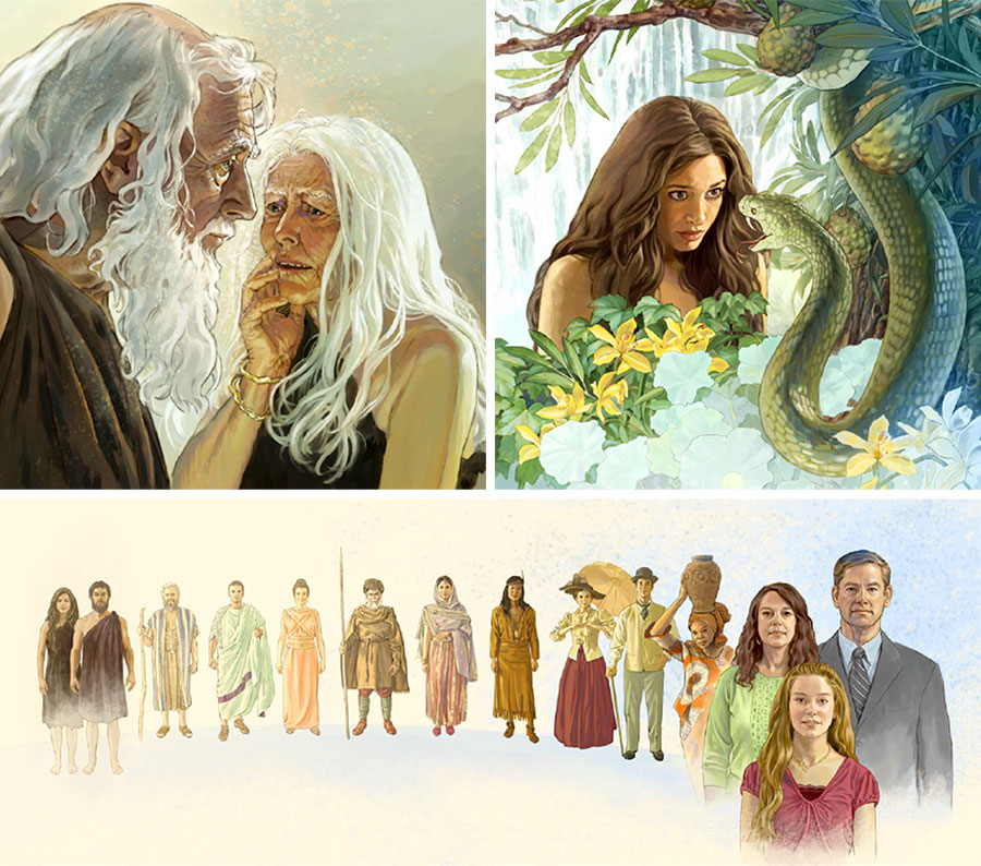 تصاوير:‏ ۱)‏ شيطان از طريق يک مار با حوّا سخن می‌گويد.‏ ۲)‏ آدم و حوّا سالخورده و ضعيف شده‌اند.‏ ۳)‏ نوادگان آدم و حوّا از زمان‌ها،‏ نژادها و فرهنگ‌های مختلف.‏