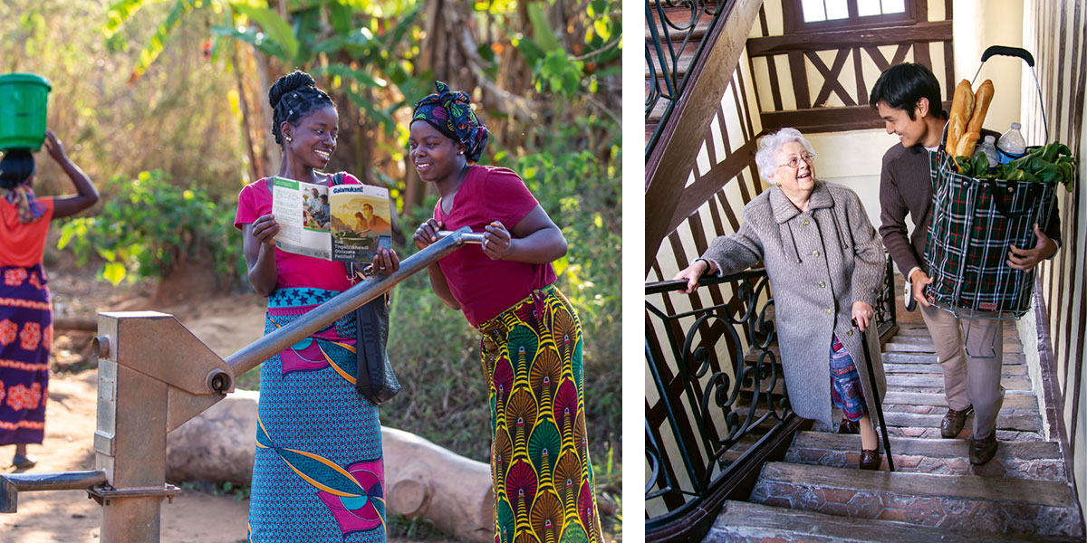 مجموعهٔ تصاوير:‏ ۱)‏ برادر جوانی در حال كمک به زنی سالمند.‏ ۲)‏ خواهری در حال موعظه.‏