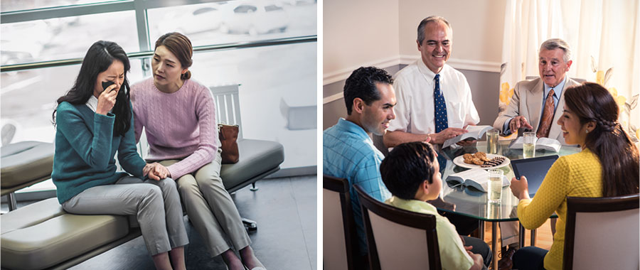 تصاوير.‏ شاهدان يَهُوَه در حال سرمشق گرفتن از صفات خدا.‏ ۱)‏ دو پير جماعت در حال شبانی.‏ ۲)‏ خواهری در حال تسلّی دادن به خواهری ديگر.‏