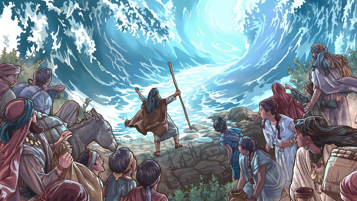 موسی دستهایش را بلند کرده و آب دریا را کنار زده.‏ اسرائیلیان و غیراسرائیلیانی که همراهش هستند شگفت‌زده شده‌اند.‏