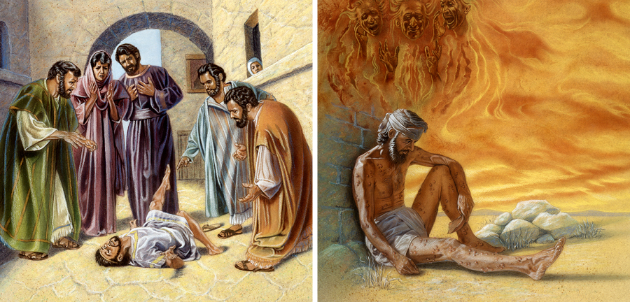 شيطان و ديوهايش ايّوب را به دمل‌های سخت مبتلا ساخته‌اند و باعث شده‌اند شخصی تشنج پيدا كند