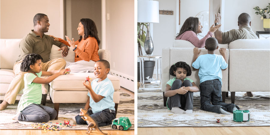 زن و شوهری با هم جروبحث می‌كنند و فرزندانشان ناراحت هستند،‏ تمام خانواده خوشحال هستند و به يكديگر محبت نشان می‌دهند