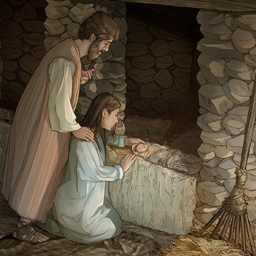 يوسف و مريم،‏ عيسی را در آخوری خوابانده و در كنارش ايستاده‌اند