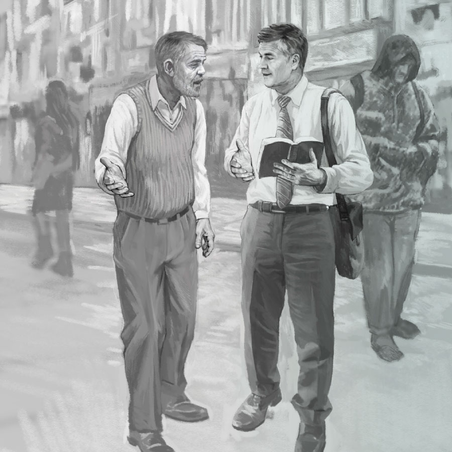 دان در حال موعظه به پيتر است و پيتر ظاهری مرتب دارد و لباس‌های تميز پوشيده است