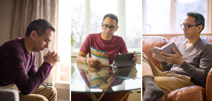 برادری كتاب مقدّس را می‌خواند،‏ نشريه‌ای را كه بر اساس كتاب مقدّس است مطالعه می‌كند،‏ و دعا می‌كند