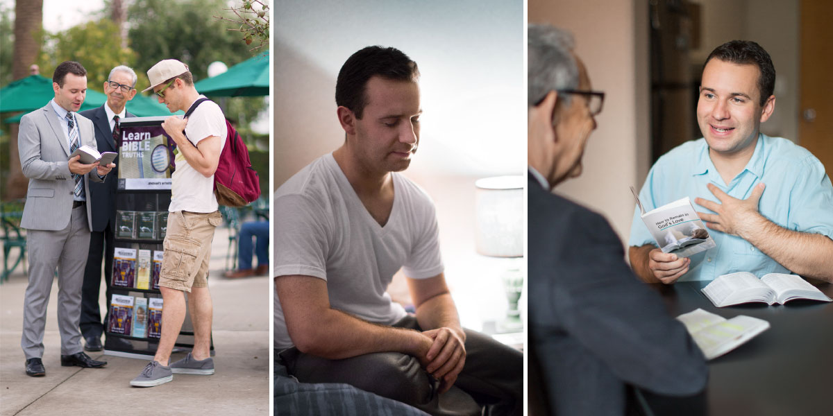 مردی کتاب مقدّس را مطالعه می‌کند،‏ دعا می‌کند و در موعظهٔ عمومی شرکت می‌کند