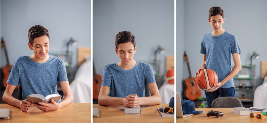 پسری نوجوان به جای توپ‌بازی،‏ دعا می‌کند و کتاب مقدّس را مطالعه می‌کند