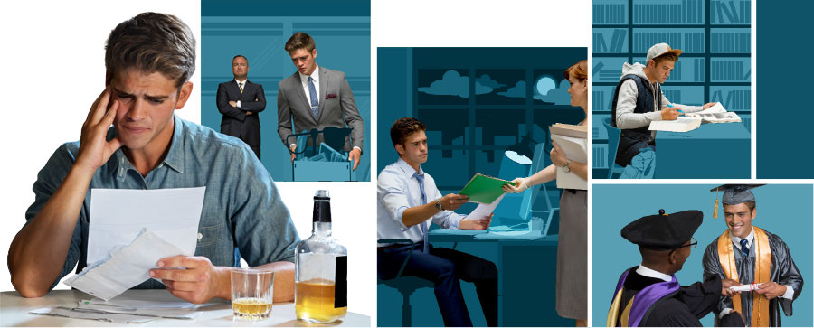 مردی جوان سخت مطالعه می‌کند،‏ به دنبال تحصیلات دانشگاهی می‌رود،‏ شغلی پیدا می‌کند،‏ کارش را از دست می‌دهد و بیش از حد مشروب می‌نوشد