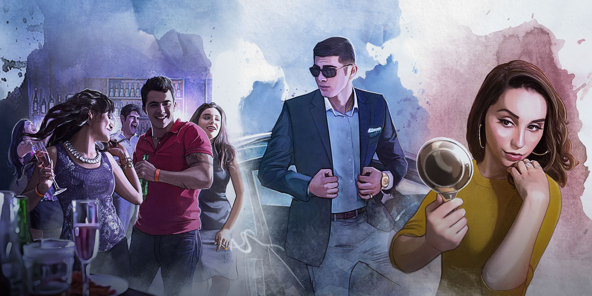 خانمی که بسیار شیفتهٔ خودش است؛‏ مردی که مادیات را خیلی دوست دارد؛‏ مردم از یک مهمانی دنیوی لذّت می‌برند