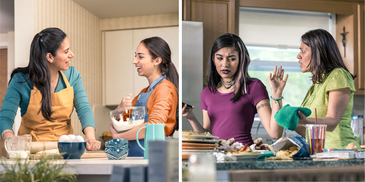 مادر و دختری با هم جرّوبحث می‌کنند؛‏ مادر و دختری با شادی با هم کار می‌کنند
