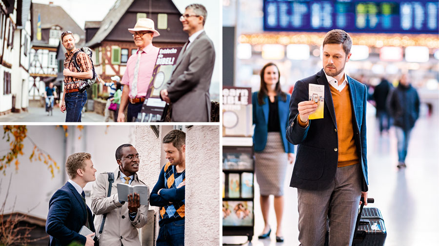 مردی در فرودگاه از شاهدان يَهُوَه نشريه‌ای می‌گيرد؛‏ او در سفر شاهدان ديگری را در كنار چرخ‌دستی می‌بيند؛‏ زمانی كه به خانه برمی‌گردد،‏ شاهدان يَهُوَه او را در خانه‌اش ملاقات می‌كنند