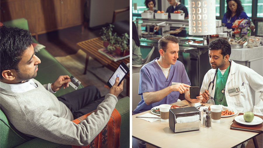 برادری در بيمارستان به يكی از همكارانش موعظه می‌كند؛‏ همكارش در خانه به وب‌سايت jw.org مراجعه می‌كند