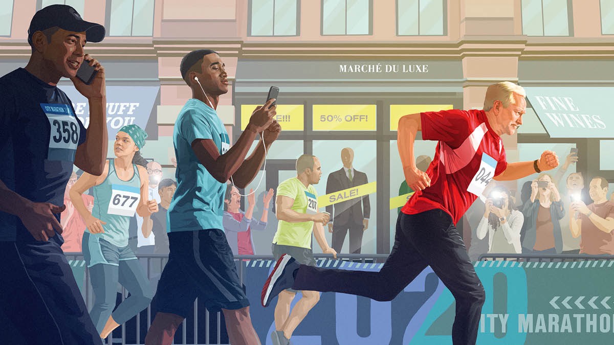 تعدادی دونده در يک مسابقهٔ دوی شهری،‏ برای ديدن ويترين مغازه توقف كرده‌اند،‏ برخی نيز در حال استفاده از تلفن همراهشان هستند،‏ اما دونده‌ای كه از همه جلوتر است با تمركز می‌دود