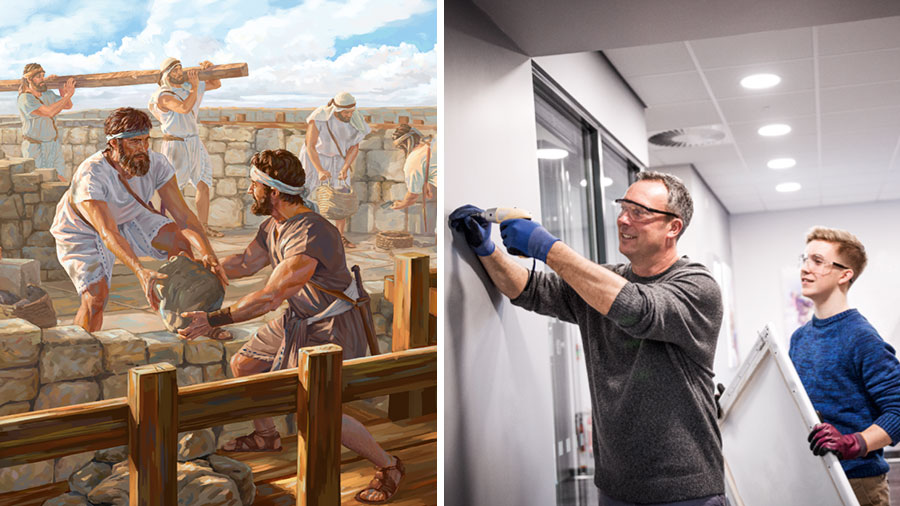 پير جماعتی به همراه پسرش تعميرات سالن جماعت را انجام می‌دهد؛‏ نِحِميا در بازسازی ديوارهای اورشليم به برادرانش كمک می‌كند