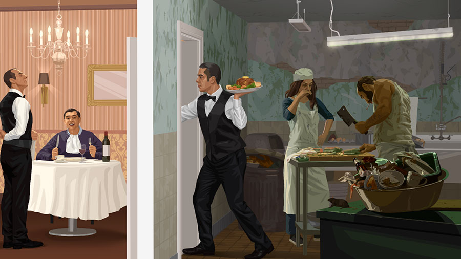 يک گارسون غذايی آلوده را از آشپزخانه‌ای غيربهداشتی بيرون می‌برد؛‏ مردی از خوردن غذايی آلوده كه گارسون به او داده است لذّت می‌برد