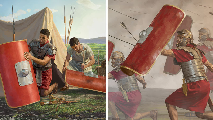 سربازان دوران باستان در جنگ از سپرهای‌شان استفاده می‌كنند؛‏ سربازی به همراه دستيارش سپرها را تعمير می‌كنند
