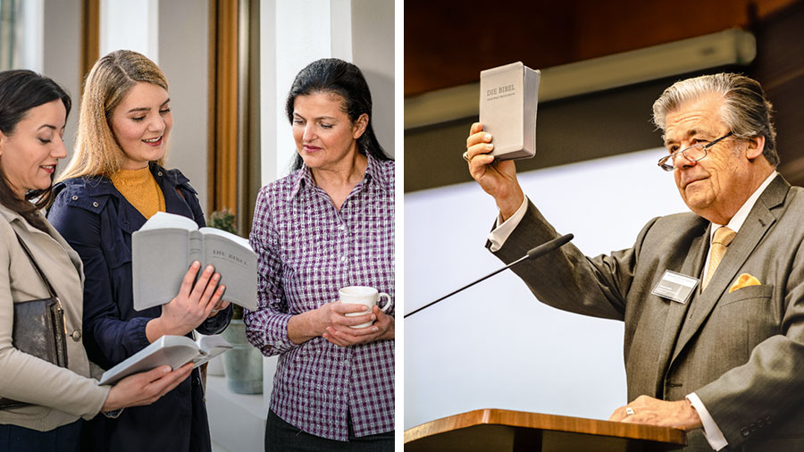 برادر گِرِت لُش از هيئت اداره‌كننده،‏ انتشار نسخهٔ ويرايش‌شدهٔ ترجمهٔ دنيای جديد به زبان آلمانی را اعلام می‌كند؛‏ دو خواهر در آلمان،‏ در خدمت موعظه از كتاب مقدّس جديدشان استفاده می‌كنند