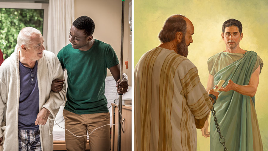 تصاويری كه نشان می‌دهد دوستان قابل اعتماد در سختی‌ها به يكديگر كمک می‌كنند.‏ ۱)‏ پولُس رسول در زندان نامه‌ای به دست تيخيكوس می‌سپارد.‏ ۲)‏ برادری جوان به يک برادر مسن كه در بيمارستان بستری است كمک می‌كند.‏