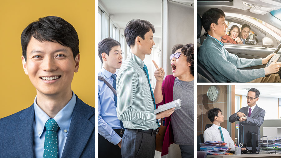 مجموعهٔ تصاوير:‏ برادری در شرايط دشوار از خود ملايمت نشان می‌دهد.‏ ۱)‏ او در حال رانندگی است و زوجی در ماشينی ديگر به او توهين می‌كنند.‏ ۲)‏ كارفرمايش او را تحت فشار قرار می‌دهد كه اضافه‌كاری كند.‏ ۳)‏ شخصی در موعظه سر او فرياد می‌كشد و با انگشت به صورت او اشاره می‌كند،‏ اما او آرامش خود را حفظ می‌كند.‏ ۴)‏ او لبخند بر لب دارد و از آرامش درونی برخوردار است.‏