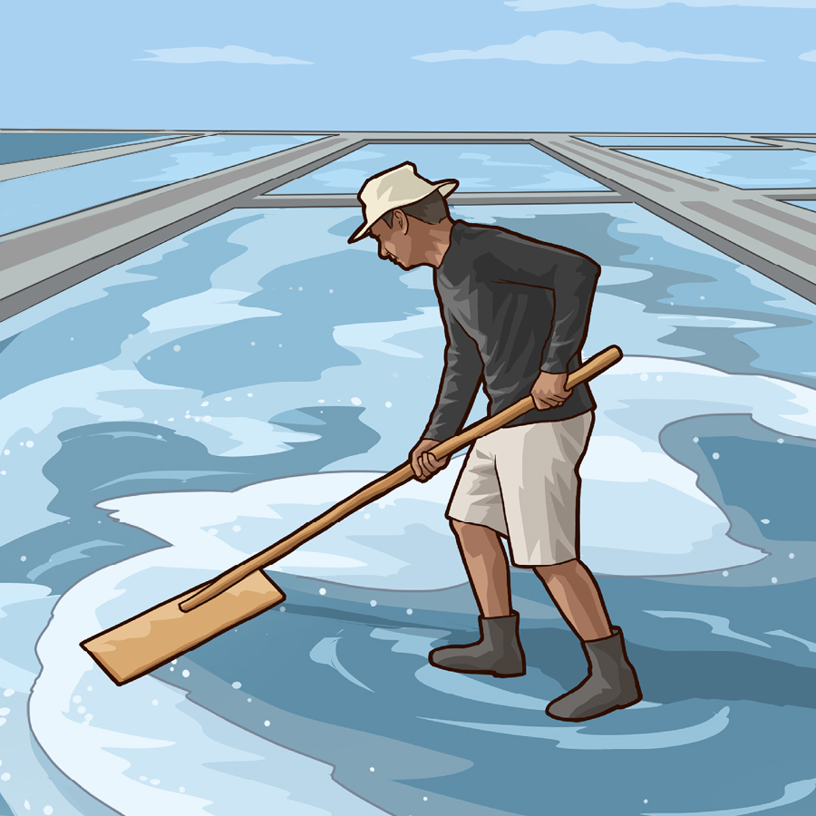 مردی با خشک كردن آب دريا نمک توليد می‌كند.‏