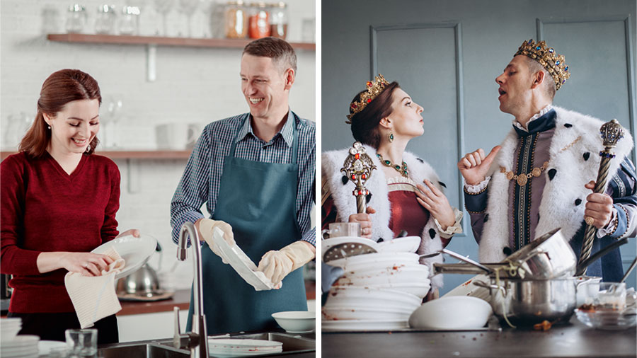 مجموعه‌ای از تصاوير:‏ ۱)‏ زوجی كه لباس‌های پادشاه و ملكه بر تن كرده‌اند،‏ بر سر اين كه كدام يک ظرف‌ها را بشويد با هم جرّوبحث می‌كنند.‏ ۲)‏ همان زوج لباس‌هايی معمولی بر تن كرده‌اند و در حالی كه می‌خندند،‏ با هم ظرف‌ها را می‌شويند.‏