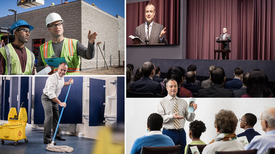 مجموعه‌ای از تصاوير:‏ يک پير جماعت در فعاليت‌های مختلفی شركت می‌كند.‏ ۱)‏ او در كنگره‌ای سخنرانی می‌دهد.‏ ۲)‏ او در پروژهٔ ساخت سالن جماعت كار می‌كند و به برادر ديگری راهنمايی‌های لازم را می‌دهد.‏ ۳)‏ او گروه موعظه را اداره می‌كند.‏ ۴)‏ او سرويس بهداشتی سالن جماعت را نظافت می‌كند.‏