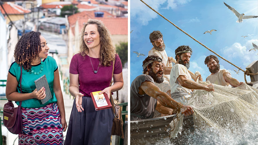 مجموعه‌ای از تصاوير.‏ ۱)‏ پِطرُس و سه شاگرد ديگر توری پر از ماهی را با تمام قدرت به درون قايق می‌كشند.‏ ۲)‏ دو خواهر از گفتگو با يكديگر در خدمت موعظه لذّت می‌برند.‏