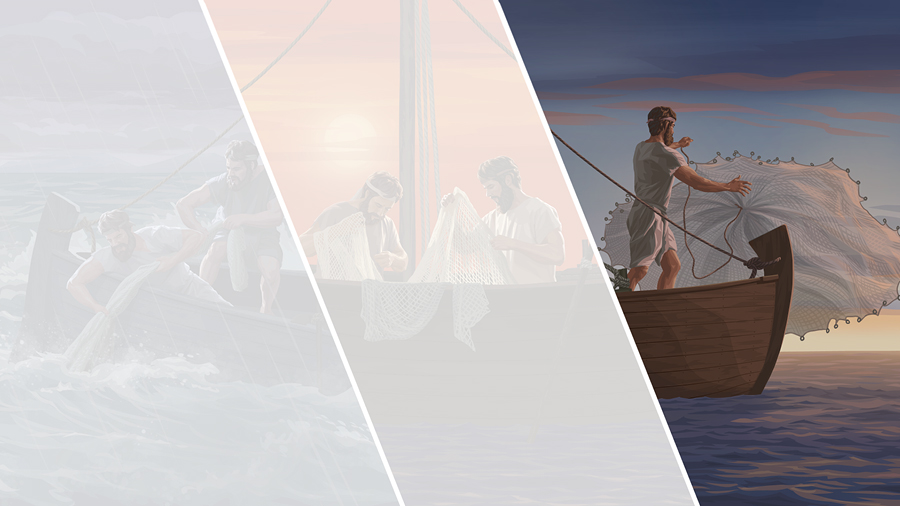 ماهيگيری هنگام طلوع خورشيد تورش را به دريا می‌اندازد.‏