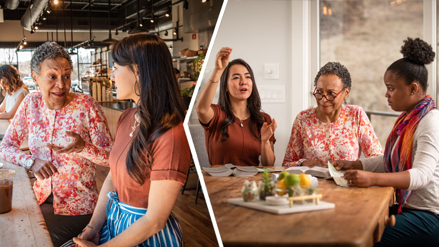 مجموعه‌ای از تصاوير:‏ ۱)‏ خواهری كه در مقالهٔ قبل به او اشاره شد با شاگردش كتاب مقدّس را مطالعه می‌كند.‏ او با حركات دست گرم صحبت است و كتاب مقدّسش را پشت‌ورو روی ميز گذاشته است.‏ شاگردش و خواهری باتجربه كه با او به مطالعه آمده است،‏ هر دو مات و مبهوت به او نگاه می‌كنند.‏ ۲)‏ آن خواهر باتجربه در يک كافی‌شاپ،‏ پيشنهاداتی به او می‌دهد تا بتواند به شكلی مؤثرتر تعليم دهد.‏