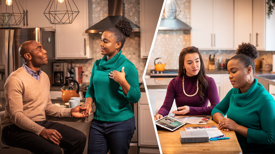 مجموعه‌ای از تصاوير:‏ ۱)‏ آن خواهر به شاگردش ويديويی را دربارهٔ يک تجربهٔ واقعی نشان می‌دهد.‏ ۲)‏ آن شاگرد دربارهٔ آموخته‌هايش با شوهرش صحبت می‌كند.‏