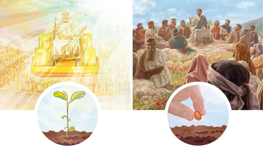 مجموعه‌ای از تصاوير:‏ ۱)‏ عيسی به گروهی بزرگ تعليم می‌دهد.‏ دستی كه دانه‌ای می‌كارد به تصوير كشيده شده است.‏ ۲)‏ عيسی و ۱۴۴٬۰۰۰ مسح‌شده در آسمان بر تخت پادشاهی هستند.‏ دانهٔ كاشته‌شده جوانه زده است.‏