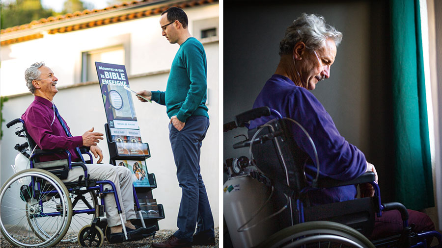 مجموعه‌ای از تصاوير:‏ ۱)‏ برادری دلسرد و نااميد روی صندلی چرخ‌دار نشسته است و از طريق كپسول اكسيژن نفس می‌كشد.‏ ۲)‏ آن برادر در موعظه با چرخ‌دستی،‏ از گفتگو با مردی ديگر لذّت می‌برد.‏