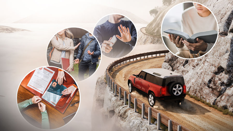 در يک جادهٔ باريک كوهستانی،‏ حفاظ كنار جاده اجازه نمی‌دهد كه رانندگان به پرتگاه نزديک شوند.‏ مجموعه‌ای از تصاوير:‏ ۱)‏ برادری جوان كتاب مقدّس را می‌خواند.‏ ۲)‏ برادری نگاهش را از روی صفحهٔ موبايلش برمی‌گرداند.‏ ۳)‏ خواهری پيشنهاد دوستی يكی از پسران مدرسه را رد می‌كند.‏ ۴)‏ شخصی بروشورهای يک دانشگاه معتبر را به خواهری نشان می‌دهد.‏ 