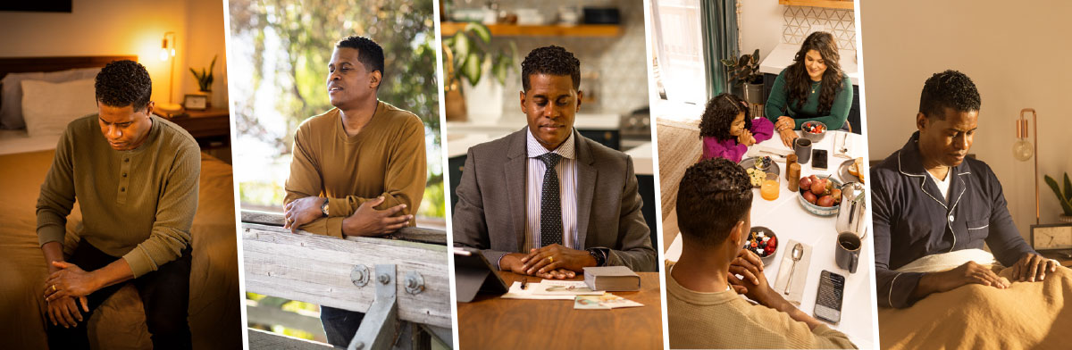 مجموعه‌ای از تصاویر:‏ برادری در زمان‌های مختلف دعا می‌کند.‏ ۱)‏ قبل از این که از تختخواب بیرون بیاید.‏ ۲)‏ قبل از این که با دوستانش غذا بخورد.‏ ۳)‏ قبل از این که به صورت آنلاین در خدمت موعظه شرکت کند.‏ ۴)‏ در طبیعت.‏ ۵)‏ قبل از این که بخوابد.‏