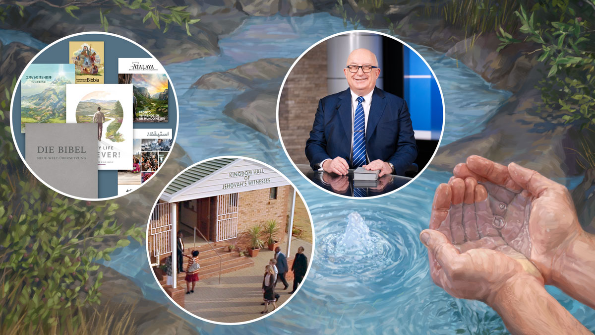 سامسون با دستانش از چشمه آب برمی‌دارد.‏ سایر تصاویر کوچک:‏ ۱)‏ برنامهٔ تلویزیونی شاهدان یَهُوَه.‏ ۲)‏ کتاب مقدّس به همراه انواع نشریات.‏ ۳)‏ برادران و خواهران به سالن جماعت می‌آیند.‏