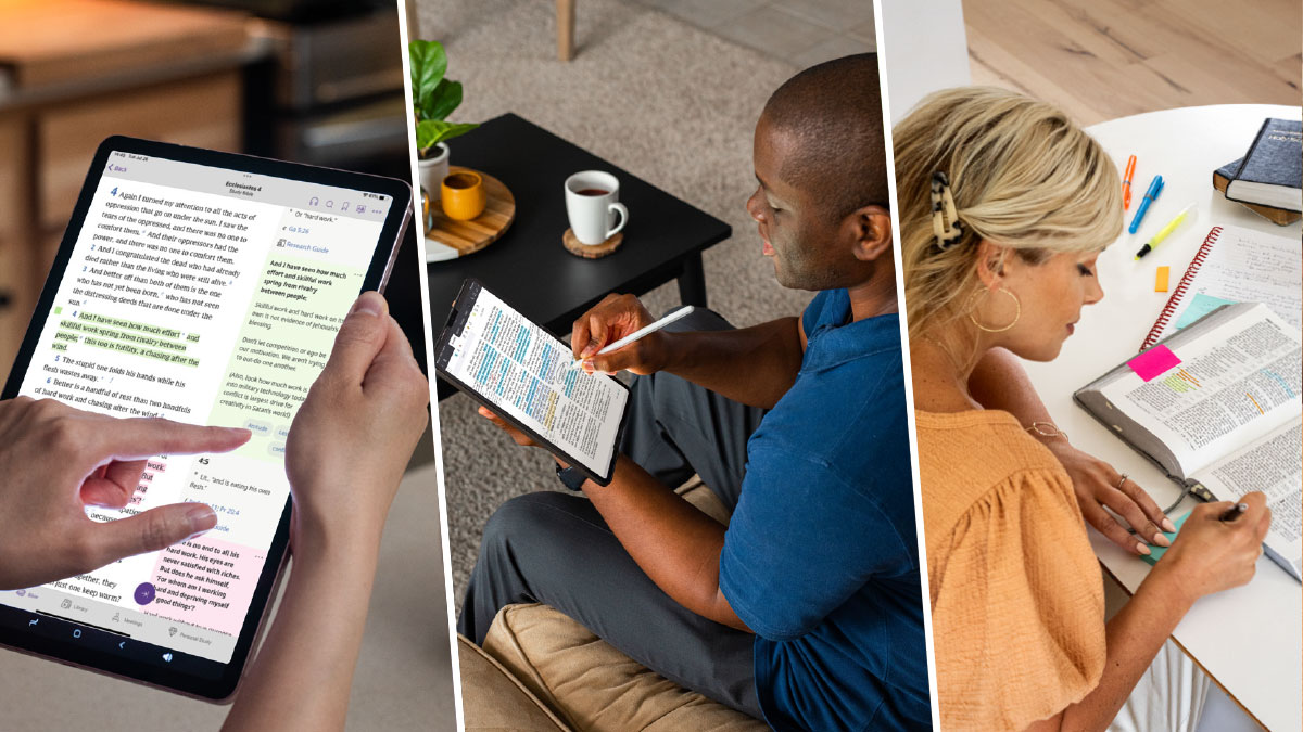 مجموعه‌ای از تصاویر:‏ ۱)‏ خواهری در کتاب مقدّسش یادداشت می‌نویسد.‏ ۲)‏ برادری مقاله‌ای را روی تبلتش مطالعه می‌کند و یادداشت برمی‌دارد.‏ ۳)‏ خواهری با استفاده از اَپ «Library JW» کتاب مقدّس را مطالعه می‌کند و یادداشت برمی‌دارد.‏