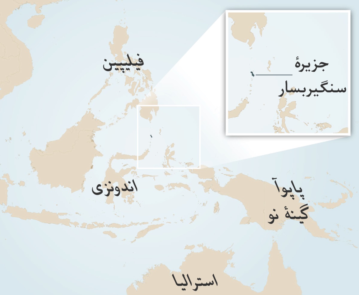 نقشهٔ اندوزی و کشورهای مجاور.‏ تصویر کوچک‌تر،‏ جزیرهٔ کوچک سنگیربسار را نشان می‌دهد.‏